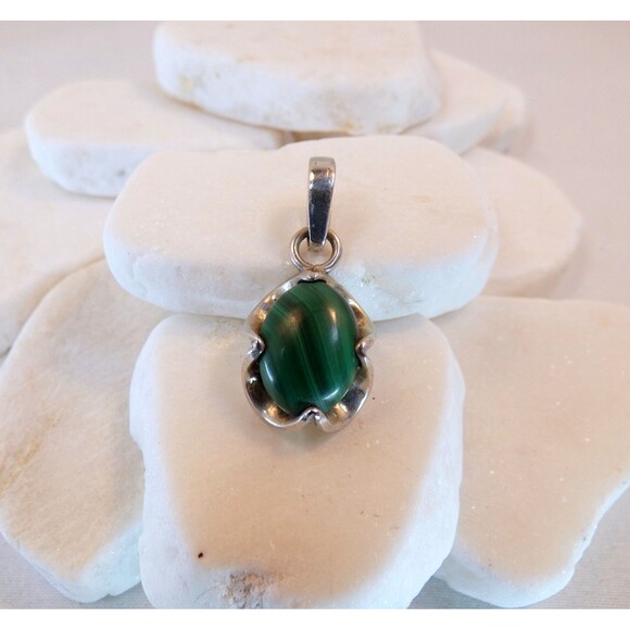 Vintage Genuine Malachite Sterling Silver Pendant  Handmade OOAK Modernist - Picture 2 of 4